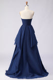 Navy Strapless A Line Ruffled Long Prom Dress with Slit