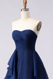 Navy Strapless A Line Ruffled Long Prom Dress with Slit
