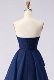 Navy Strapless A Line Ruffled Long Prom Dress with Slit