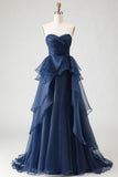 Navy Strapless Tiered A Line Ruched Long Prom Dress with Ruffles