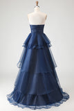 Navy Strapless Tiered A Line Ruched Long Prom Dress with Ruffles
