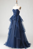 Navy Strapless Tiered A Line Ruched Long Prom Dress with Ruffles