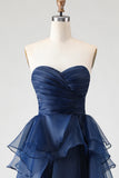 Navy Strapless Tiered A Line Ruched Long Prom Dress with Ruffles