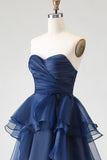 Navy Strapless Tiered A Line Ruched Long Prom Dress with Ruffles