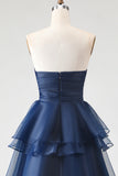 Navy Strapless Tiered A Line Ruched Long Prom Dress with Ruffles