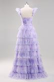 Lavender Tulle A Line Corset Ruched Tiered Floral Long Prom Dress with Slit