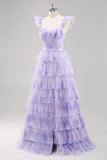Lavender Tulle A Line Corset Ruched Tiered Floral Long Prom Dress with Slit