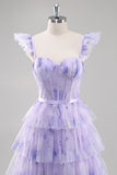 Lavender Tulle A Line Corset Ruched Tiered Floral Long Prom Dress with Slit