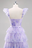 Lavender Tulle A Line Corset Ruched Tiered Floral Long Prom Dress with Slit