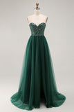 Dark Green A-Line Sweetheart Sequins Long Prom Dress with Slit