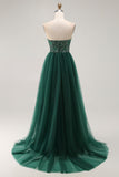 Dark Green A-Line Sweetheart Sequins Long Prom Dress with Slit