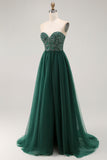 Dark Green A-Line Sweetheart Sequins Long Prom Dress with Slit