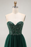 Dark Green A-Line Sweetheart Sequins Long Prom Dress with Slit