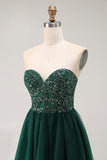 Dark Green A-Line Sweetheart Sequins Long Prom Dress with Slit