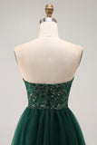 Dark Green A-Line Sweetheart Sequins Long Prom Dress with Slit