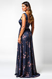 Navy One Shoulder A Line Printed Wedding Guest Dress with Slit