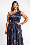 Navy One Shoulder A Line Printed Wedding Guest Dress with Slit