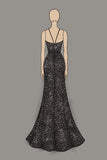 Sparkly Black Sheath Deep V-Neck Long Prom Dress with Slit