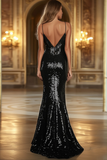 Black Mermaid Spaghetti Straps Deep V-Neck Sequin Prom Dress with Slit