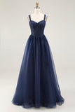 Elegant Lace Navy A Line Long Prom Dress with Beading