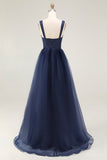 Elegant Lace Navy A Line Long Prom Dress with Beading