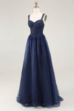 Elegant Lace Navy A Line Long Prom Dress with Beading