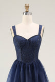 Elegant Lace Navy A Line Long Prom Dress with Beading