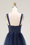 Elegant Lace Navy A Line Long Prom Dress with Beading