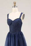 Elegant Lace Navy A Line Long Prom Dress with Beading