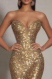 Dark Green Mermaid Strapless Sequin Long Formal Dress With Slit