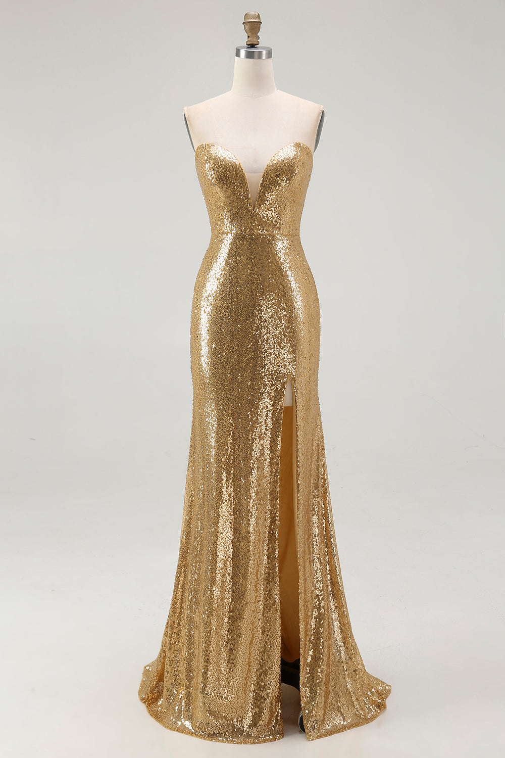 WEDTREND Women Golden Formal Dress with Slit Sequins Mermaid Strapless Long Evening Dress WEDTREND Women Golden Formal Dress with Slit Sequins Mermaid Strapless Long Evening Dress