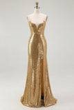 Golden Mermaid Strapless Sequin Long Formal Dress with Slit