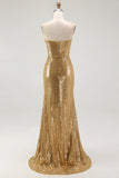Golden Mermaid Strapless Sequin Long Formal Dress with Slit