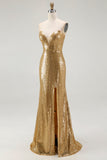 Golden Mermaid Strapless Sequin Long Formal Dress with Slit