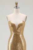 Golden Mermaid Strapless Sequin Long Formal Dress with Slit