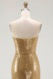 Golden Mermaid Strapless Sequin Long Formal Dress with Slit