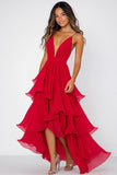 Red A Line Spaghetti Straps Tiered High Low Formal Dress