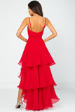 Red A Line Spaghetti Straps Tiered High Low Formal Dress