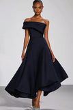 Navy One Shoulder A Line Satin Formal Dress