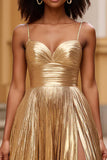 Gold Spaghetti Straps Glitter Long Prom Dress with Slit