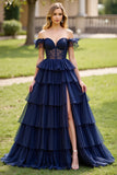Navy A Line Off the Shoulder Tiered Long Prom Dress with Slit
