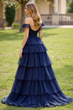 Navy A Line Off the Shoulder Tiered Long Prom Dress with Slit