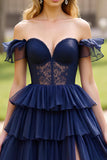 Navy A Line Off the Shoulder Tiered Long Prom Dress with Slit