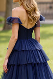 Navy A Line Off the Shoulder Tiered Long Prom Dress with Slit