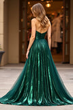 Glitter Dark Green A Line Strapless Ruched Prom Dress with Slit