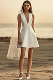 White A Line V-Neck Short Wedding Dress