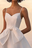 A Line Spaghetti Straps Satin White Graduation Dress With Bows