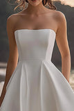 White Satin A Line Strapless Wedding Dress