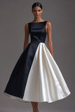 Black and White Bateau Neck Sleeveless A Line Formal Dress