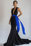 Black Halter Mermaid Long Formal Dress With Streamer